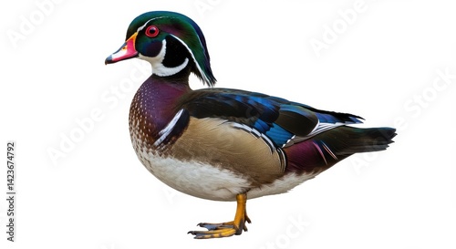 Wood duck standing gracefully against a pure white background, showcasing its vibrant plumage