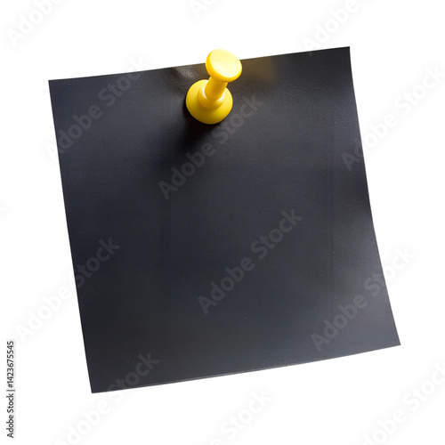 black color sticky note with yellow push pin isolated on transparent background, png