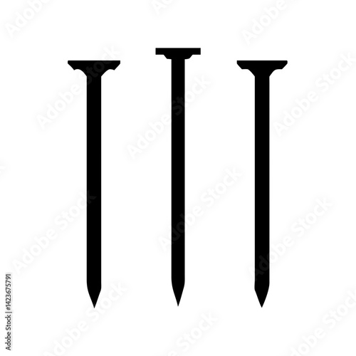 Three metal nails vector illustration for construction carpentry and diy projects hardware tool design