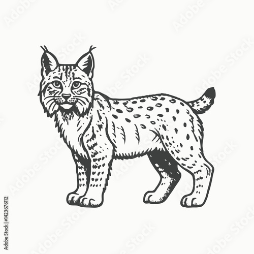 Cute little lynx or bobcat cub, sitting. Hand drawn outline vector sketch illustration on white background