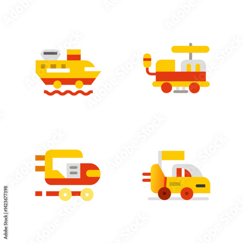 Set of colourful transportation flat icons vector illustration logo design. A vibrant collection of four distinct transportation icons, including a ship, helicopter, train, and car, rendered.