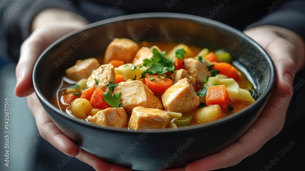 Hands holding a bowl of hearty chicken noodle soup, filled with cooked chicken, vegetables, and pasta. Hands holding a bowl of hearty chicken noodle soup, filled with cooked chicken, vegetables, and pasta.