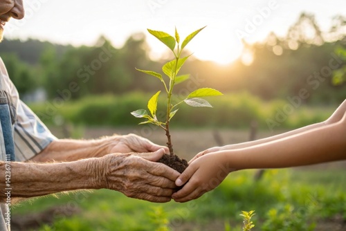 Passing down a sapling generational legacy of earth care outdoor garden photograph warm soft light symbolizing hope