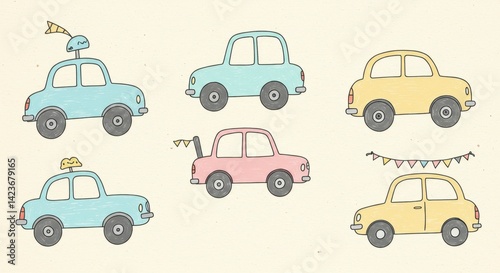 Obraz na płótnie Hand-drawn toy vehicles on artistic paper background w salonie