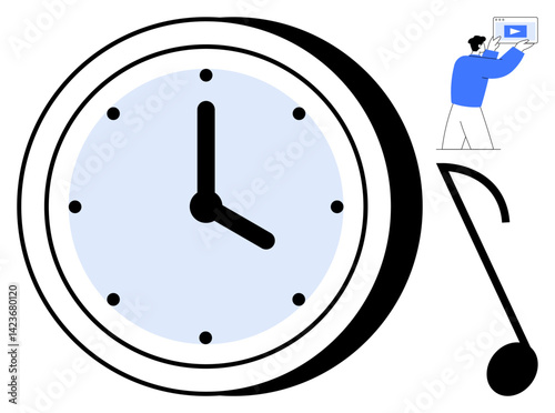 Large clock with bold hands, stylized musical note, and person holding a board with a play button icon. Ideal for productivity, scheduling, music, education, digital tools, creativity simple landing