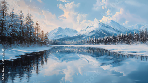 mountain lake in the alps, mountain lake in winter, snow covered mountains, snowy mountains, ai generated
