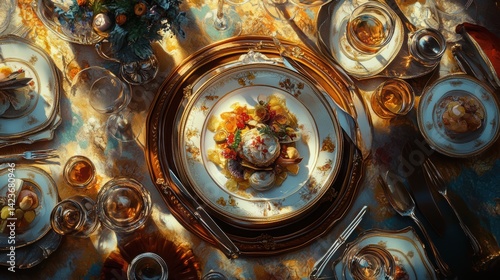 A table setting with a fancy dinner.