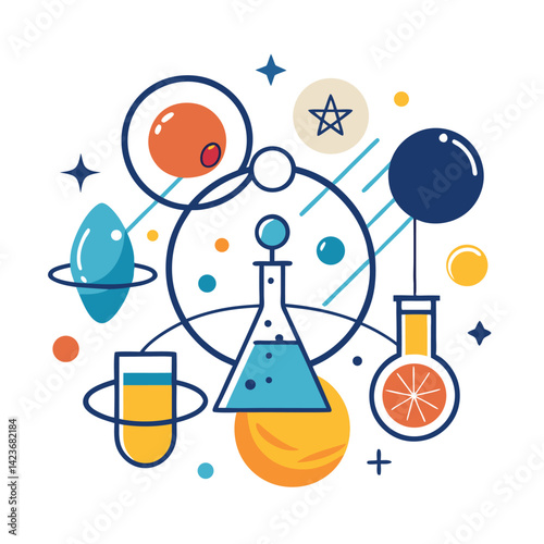 Educational minimalist logo for a science museum showcasing various scientific elements like laboratory glassware and celestial objects, designed to inspire curiosity about science