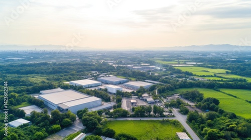 Aerial view of industrial park amidst greenery.  A large industrial complex sits within a landscape of green fields and trees.  Modern warehouses and structures are visible.