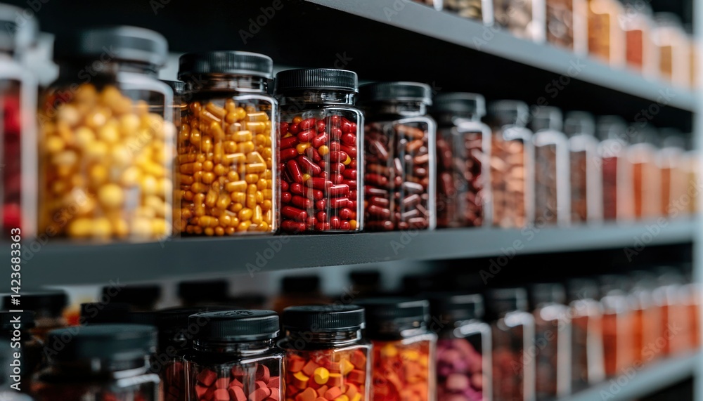 Colorful supplement jars on shelves Colorful supplement jars on shelves
