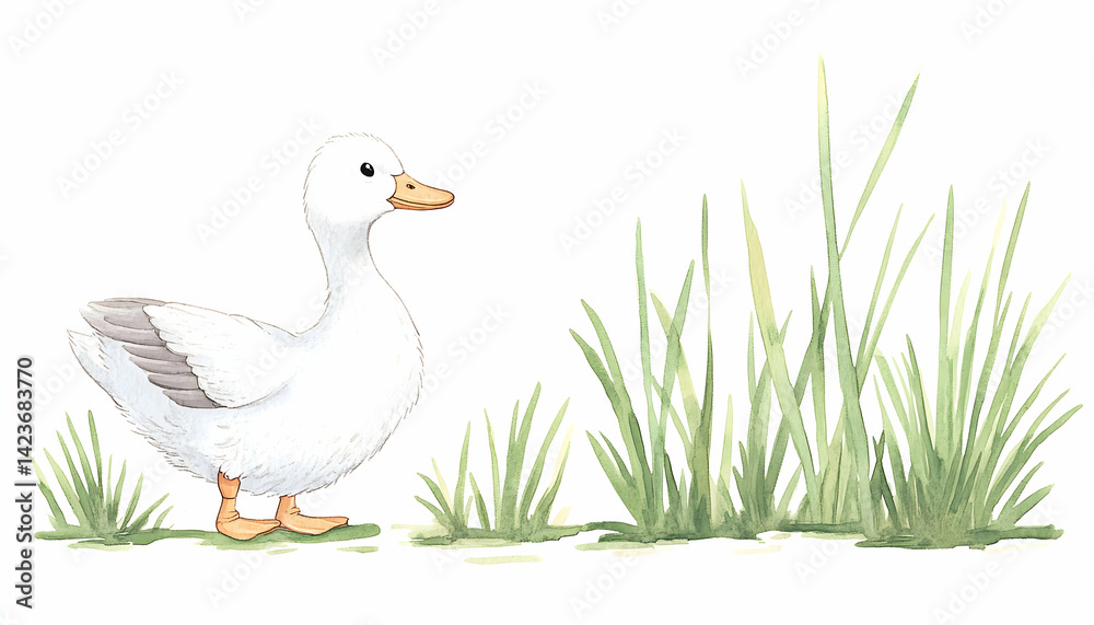 Fototapeta premium Watercolor illustration of a white duckling near green grass