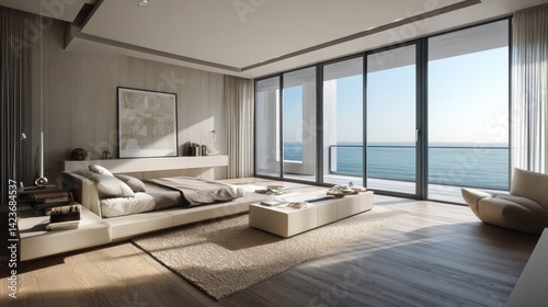 A modern bedroom with large windows overlooking the ocean or sea