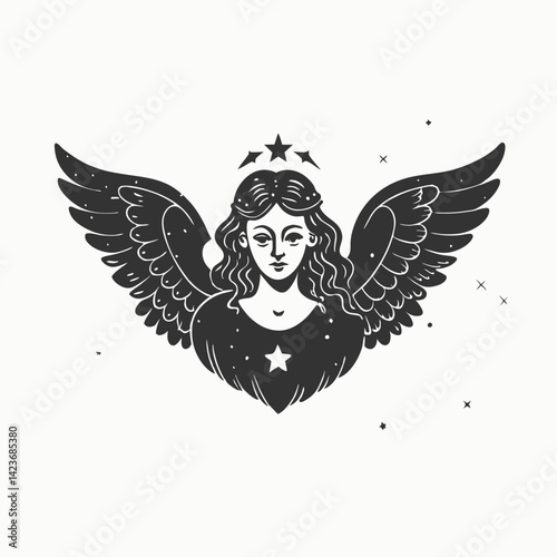 Vintage christmas angel illustration. Fairy silhouettes. Funny fairies in different poses. Little creatures with wings Isolated vector illustration