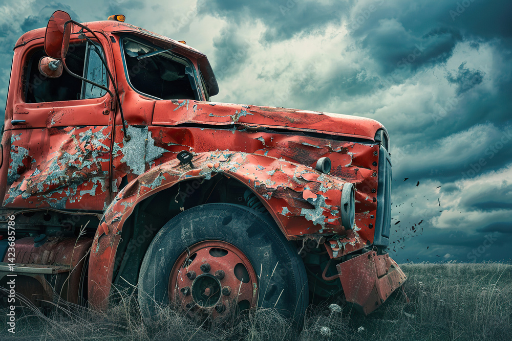 Fototapeta premium Collision of vehicles involved in major accident on city road with major damage, abstract vivid composition consists of fictional unreal fantastic vision on background