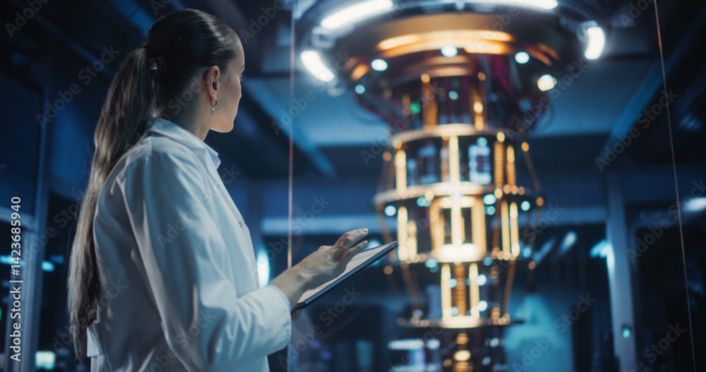 Portrait of a Female Researcher Standing Before a Powerful Quantum Computer, Using a Tablet Computer to Monitor Digital Data. Smart Woman is Analyzing Results and Parameters Online Portrait of a Female Researcher Standing Before a Powerful Quantum Computer, Using a Tablet Computer to Monitor Digital Data. Smart Woman is Analyzing Results and Parameters Online