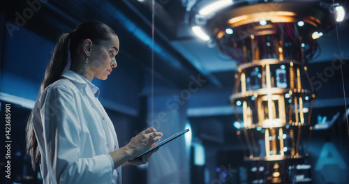 Foto Female Engineer Working on Quantum Computer Hardware, Using Tablet Computer to Access Technical Specifications and Control Processor Parameters