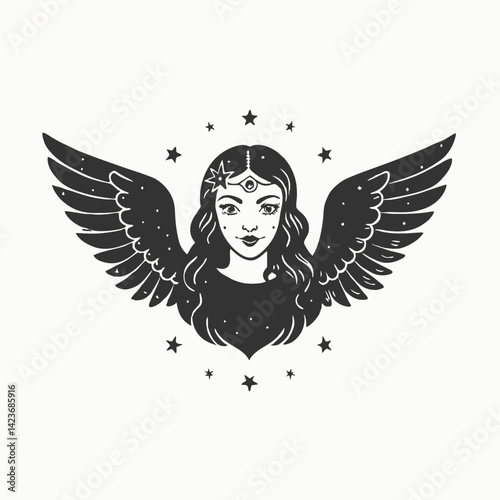 Vintage christmas angel illustration. Fairy silhouettes. Funny fairies in different poses. Little creatures with wings Isolated vector illustration