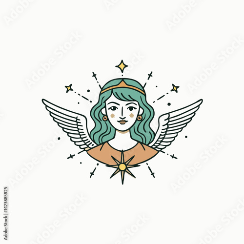 Angel girl in an ornament. Angel hand drawn vector illustration artwork. Female angel vintage drawing Engraving Style Vector illustration