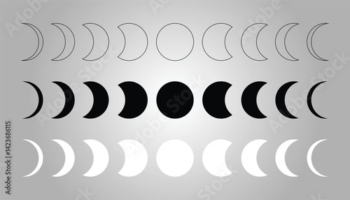 Set of vector moon phases. astronomical symbols set lunar cycle icons. full moon and crescent sign logo. vector illustration