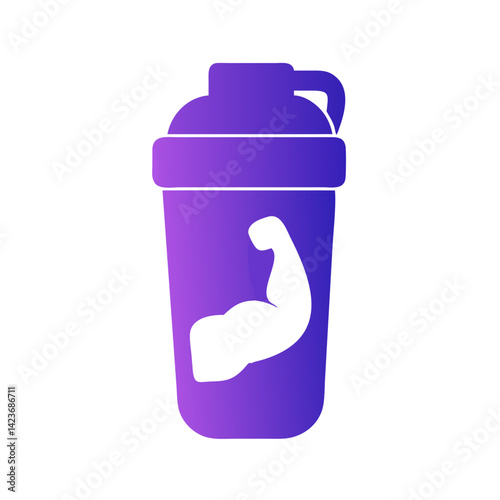 Protein shaker bottle for fitness and bodybuilding supplement drink with muscle arm icon vector
