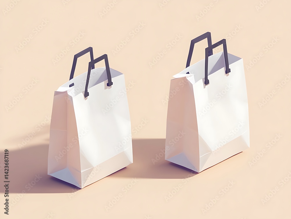 Two White Shopping Bags on a Beige Background in Isometric Perspective