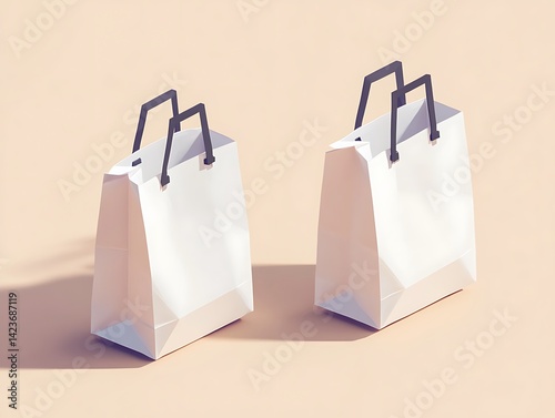 Obraz na płótnie Two White Shopping Bags on a Beige Background in Isometric Perspective w salonie