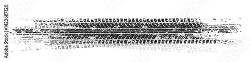 Grunge tire tracks with mud splatters, dirty wheel braking marks. Truck, car, or motorcycle tread pattern silhouettes. Perfect for off-road, motorsport, and racing designs. Vector illustration