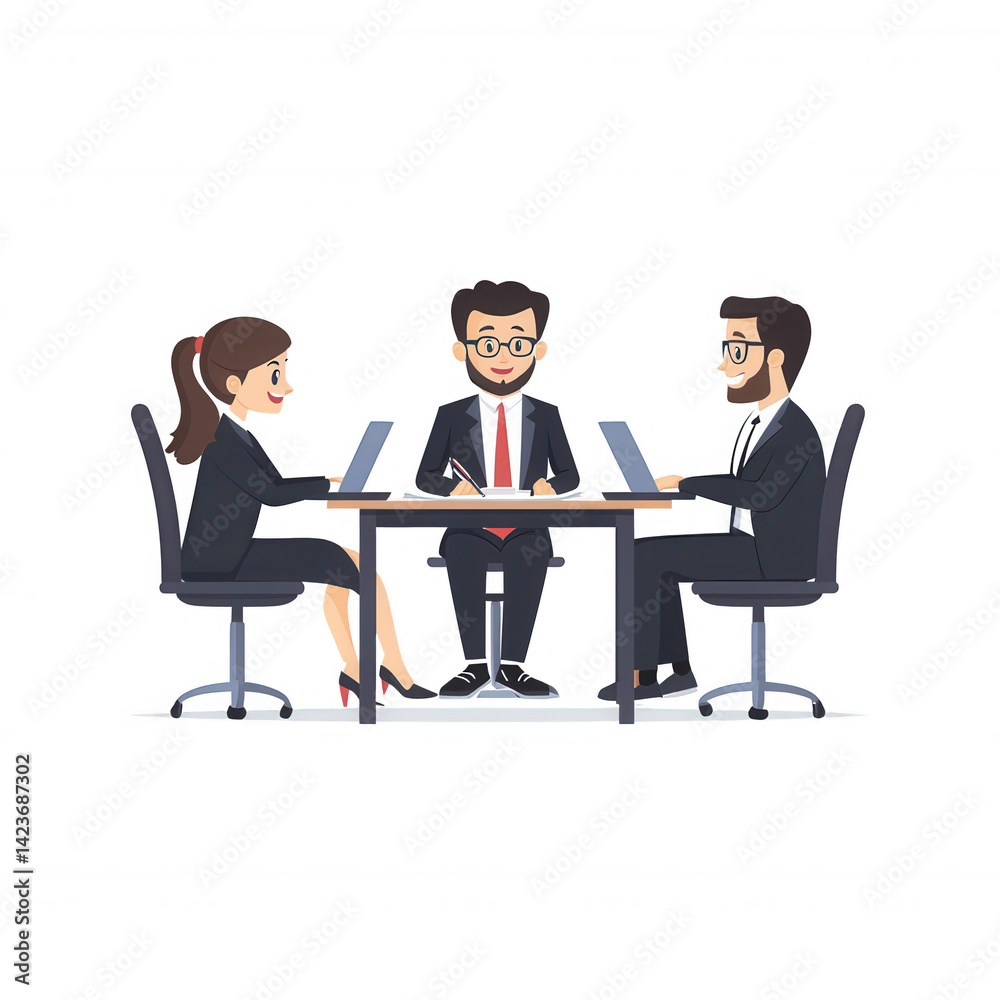 A business meeting with three professionals collaborating at a table, each using laptops to discuss strategies and ideas in a modern office setting. A business meeting with three professionals collaborating at a table, each using laptops to discuss strategies and ideas in a modern office setting.