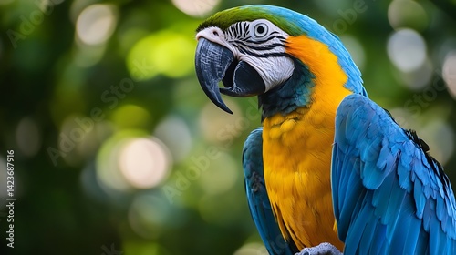 Blue and Yellow Macaw Parrot Profile with Lush Green Bokeh Background