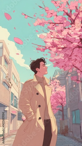 Anime-style illustration of a man under cherry blossoms, symbolizing spring and contemplation. Perfect for posters, wallpapers, apparel, and social media.
