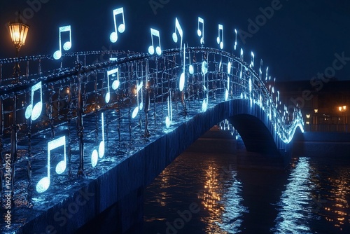 Musical bridge illuminated with shining notes creating a harmonious atmosphere at night