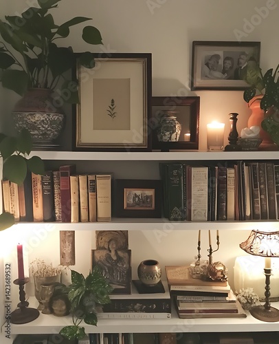 Vintage Bookshelf Displaying Books Frames Plants and Candles in Warm Lighting