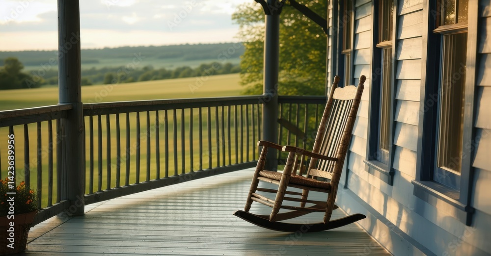 Wooden rocking chair on wrap around porch overlooking countryside deep navy and warm beige symbolizing relaxation and nostalgia Wooden rocking chair on wrap around porch overlooking countryside deep navy and warm beige symbolizing relaxation and nostalgia
