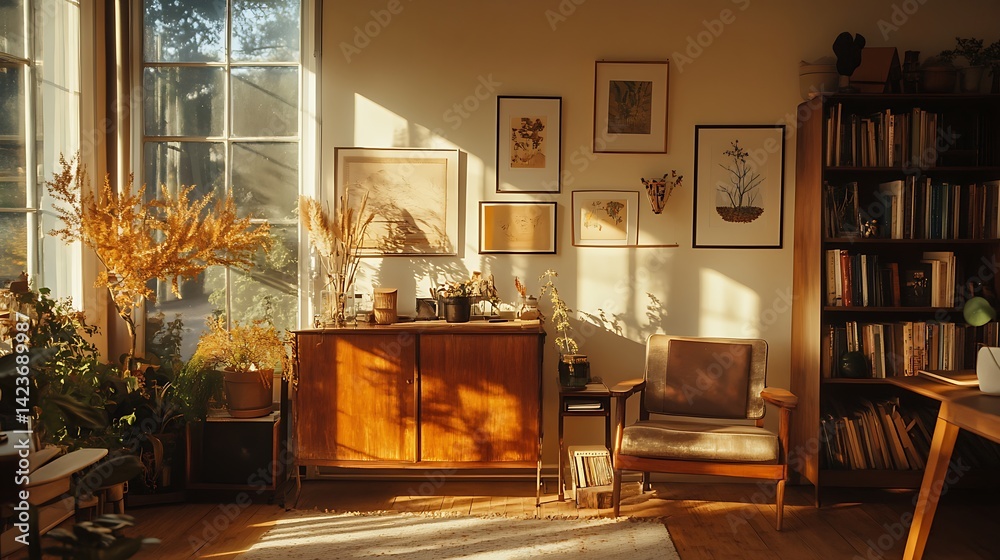 Warm Lit Interior With Wooden Cabinet Chair Books Art and Plants Under Sunlight
