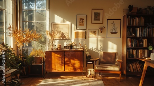 Obraz na płótnie Warm Lit Interior With Wooden Cabinet Chair Books Art and Plants Under Sunlight w salonie