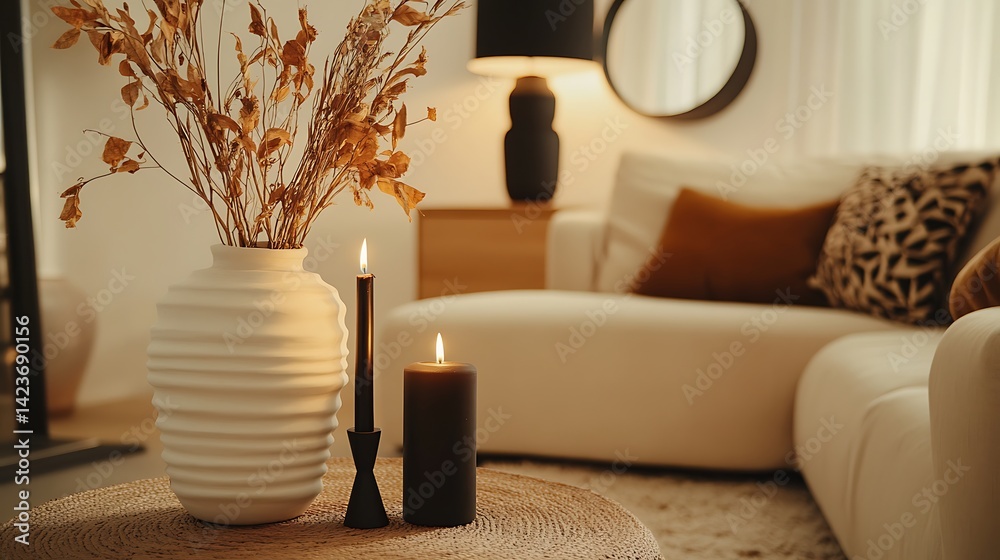 Warm Living Room Interior with Candle Decoration and Floral Arrangement on Table