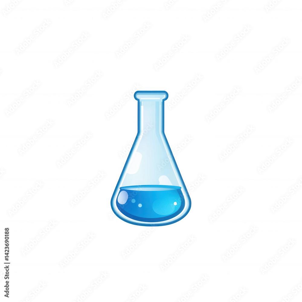 A clear glass laboratory flask filled with blue liquid, ideal for educational and scientific illustrations. A clear glass laboratory flask filled with blue liquid, ideal for educational and scientific illustrations.