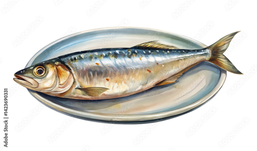Watercolor illustration of a whole sardine lying on a ceramic plate, food art Watercolor illustration of a whole sardine lying on a ceramic plate, food art