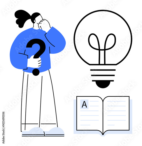 Person pondering while holding a question mark next to a glowing light bulb and an open book, symbolizing learning, curiosity, knowledge, problem-solving, creativity, decision-making, flat simple