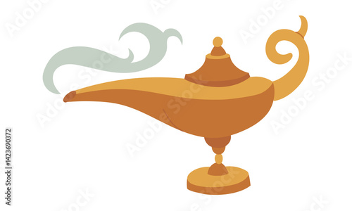 magic colored Genie lamp in a flat style. It is suitable for fantasy projects, books or games. golden object with a haze. An atmosphere of magic, mystery and adventures connected with magical desires