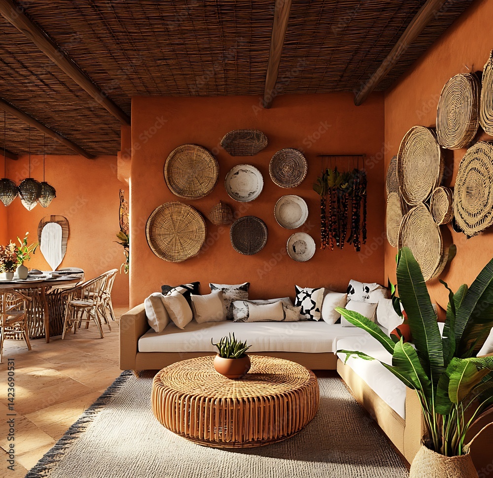 Warm Toned Living Room Interior With Earthy Decor And Cozy Furniture