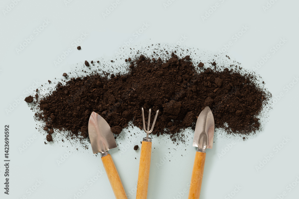 Concept season work and hobby. Various hand wooden tools and soil on blue background. Spring gardening. Top view. Copy space.