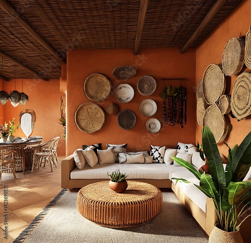 Obraz na płótnie Warm Toned Living Room Interior With Earthy Decor And Cozy Furniture w salonie