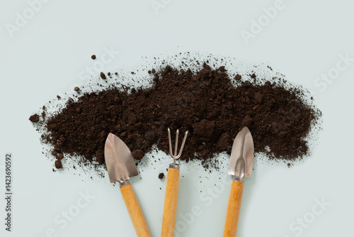 Concept season work and hobby. Various hand wooden tools and soil on blue background. Spring gardening. Top view. Copy space.