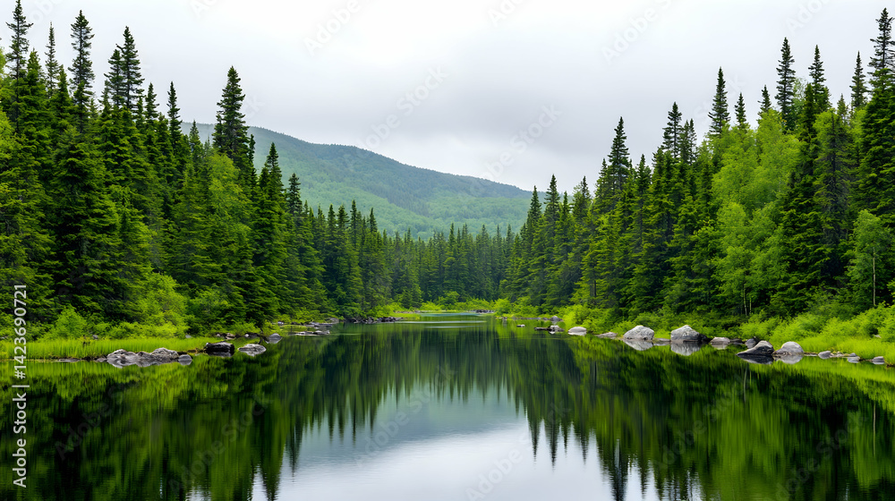 Serene mountain lake reflecting lush evergreen forest Serene mountain lake reflecting lush evergreen forest
