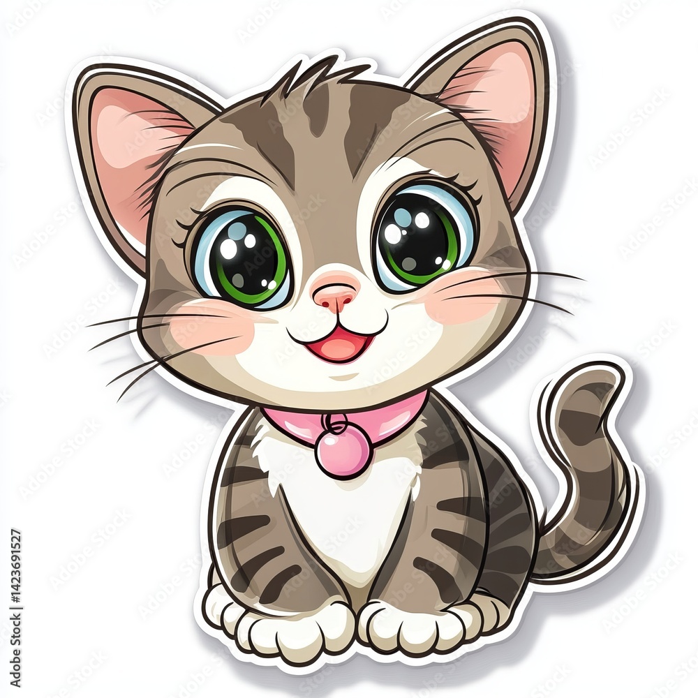 Cute Cartoon Vector Kitty Sticker with Big Eyes and Playful Expression, Designed in Flat Style with Bold Outline and White Background, Perfect for Fun and Kawaii-Themed Projects