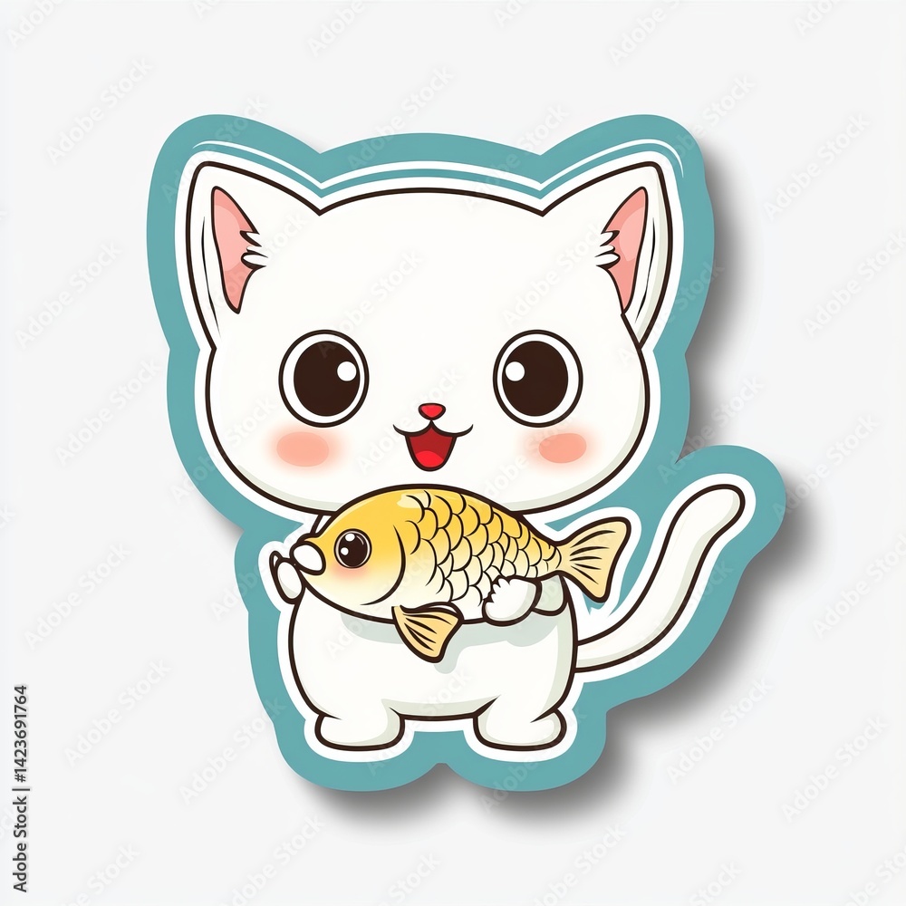 Cute White Cartoon Cat Sticker Holding a Golden Fish with Big Eyes and Happy Expression, Outlined in Blue with Clean Design and Kawaii Style on White Background