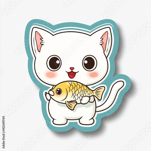 Obraz na płótnie Cute White Cartoon Cat Sticker Holding a Golden Fish with Big Eyes and Happy Expression, Outlined in Blue with Clean Design and Kawaii Style on White Background w salonie