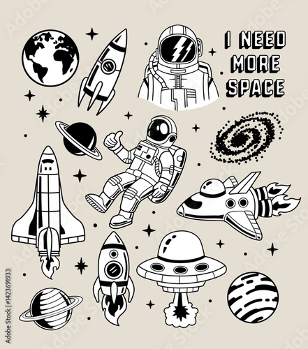 Space theme vector set with astronauts, rockets, planets, UFOs, space shuttles, and cosmic elements.