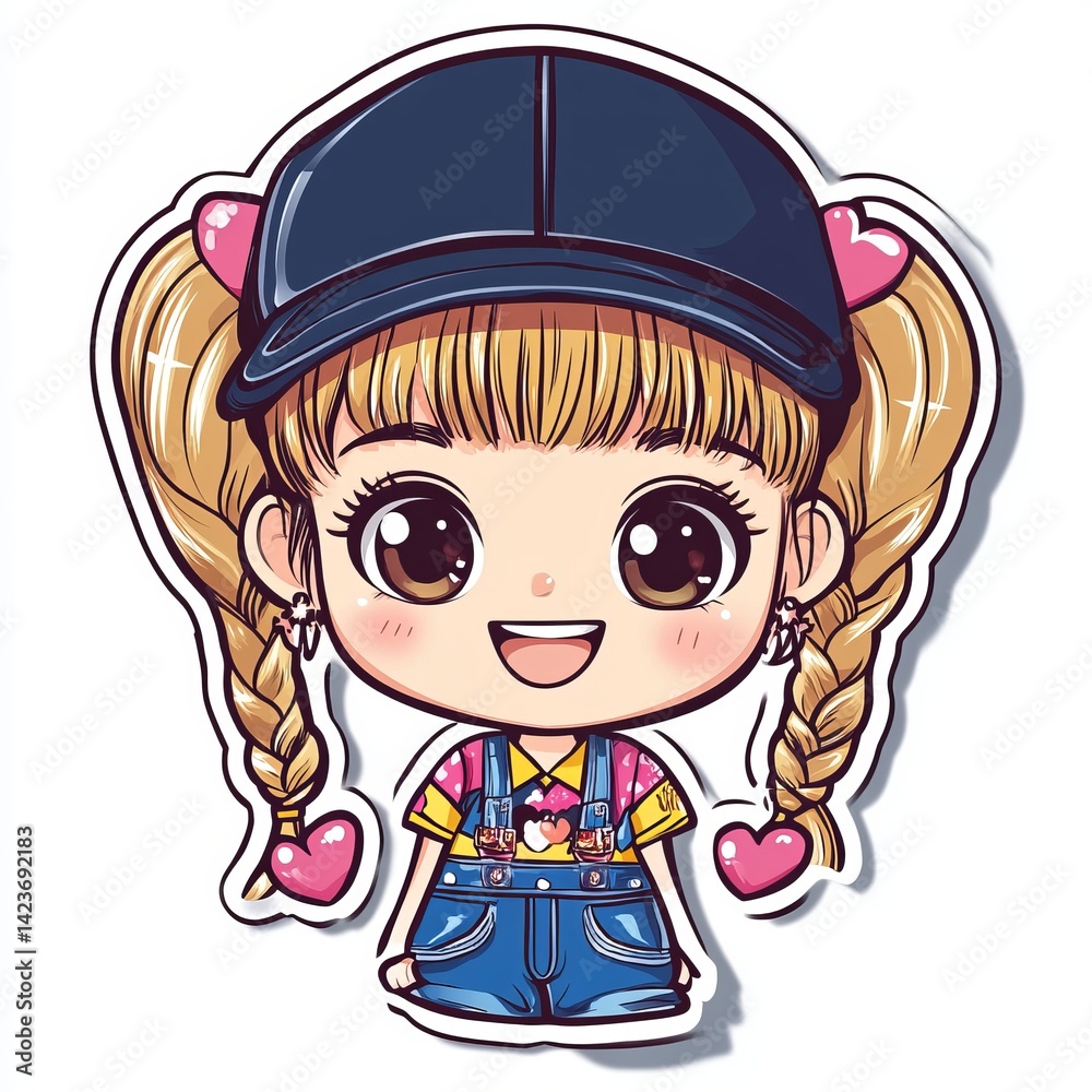 Adorable Kawaii Anime Girl with Pigtails and Denim Overalls: A Cute Cartoon Character Illustration